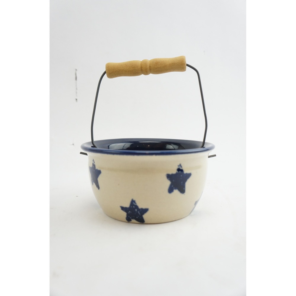 Marshall Pottery Stoneware Crock Bowl Blue Stars Wood Handle Heriberto Rodriguez